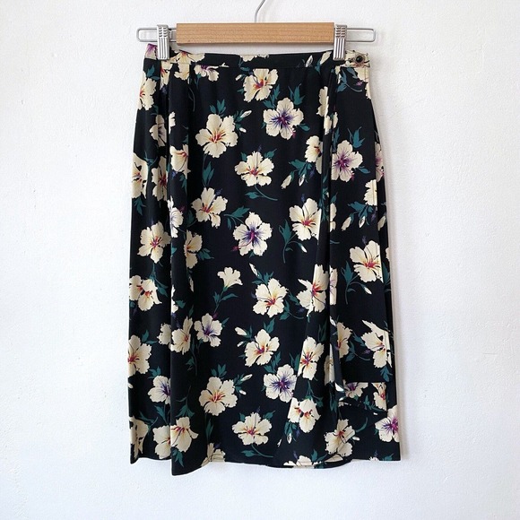 Vintage 70's Emanuel Ungaro Silk Skirt Black White Green Floral Pleated‎ Small